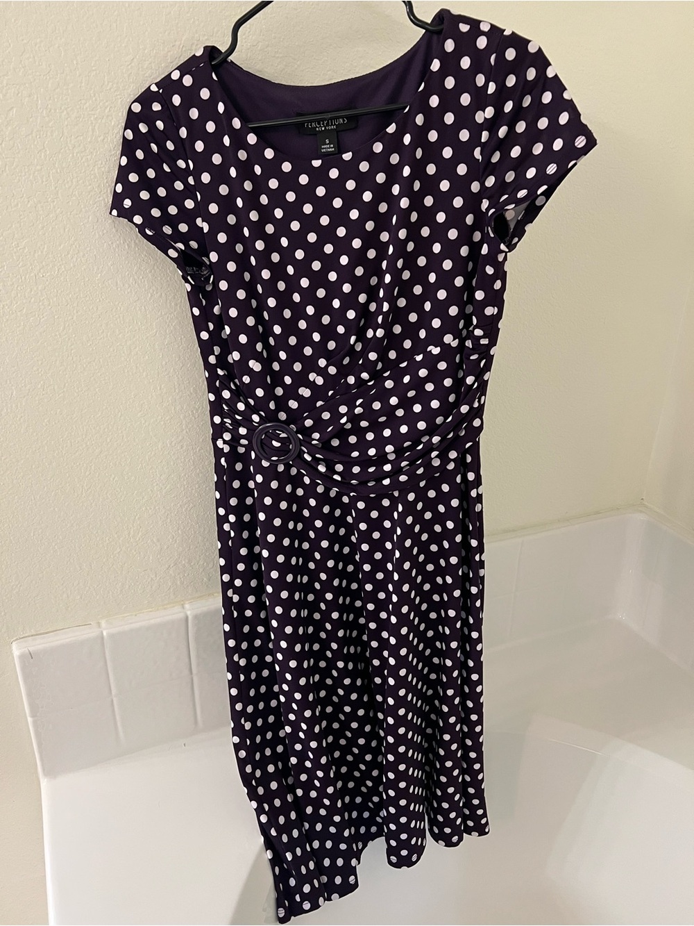 Small Purple Polka Dot Midi Dress with Waist Ring Accent